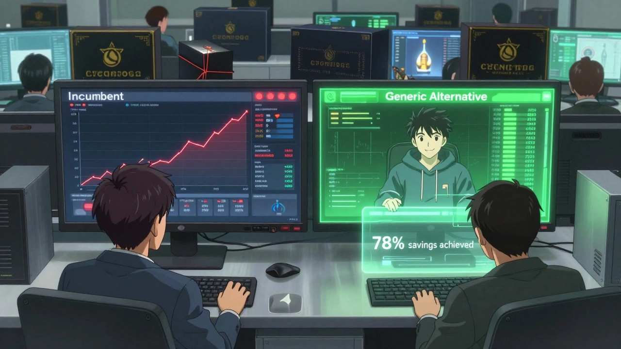 Employees in an office compare two dashboards — one showing soaring costs, the other glowing with massive savings.