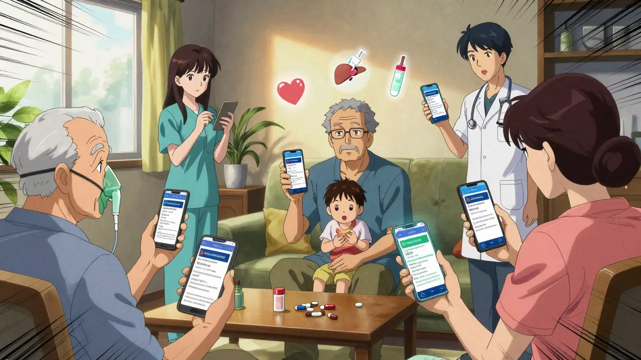 Family members checking FDA safety alerts on their phones, icons of health risks floating above them.