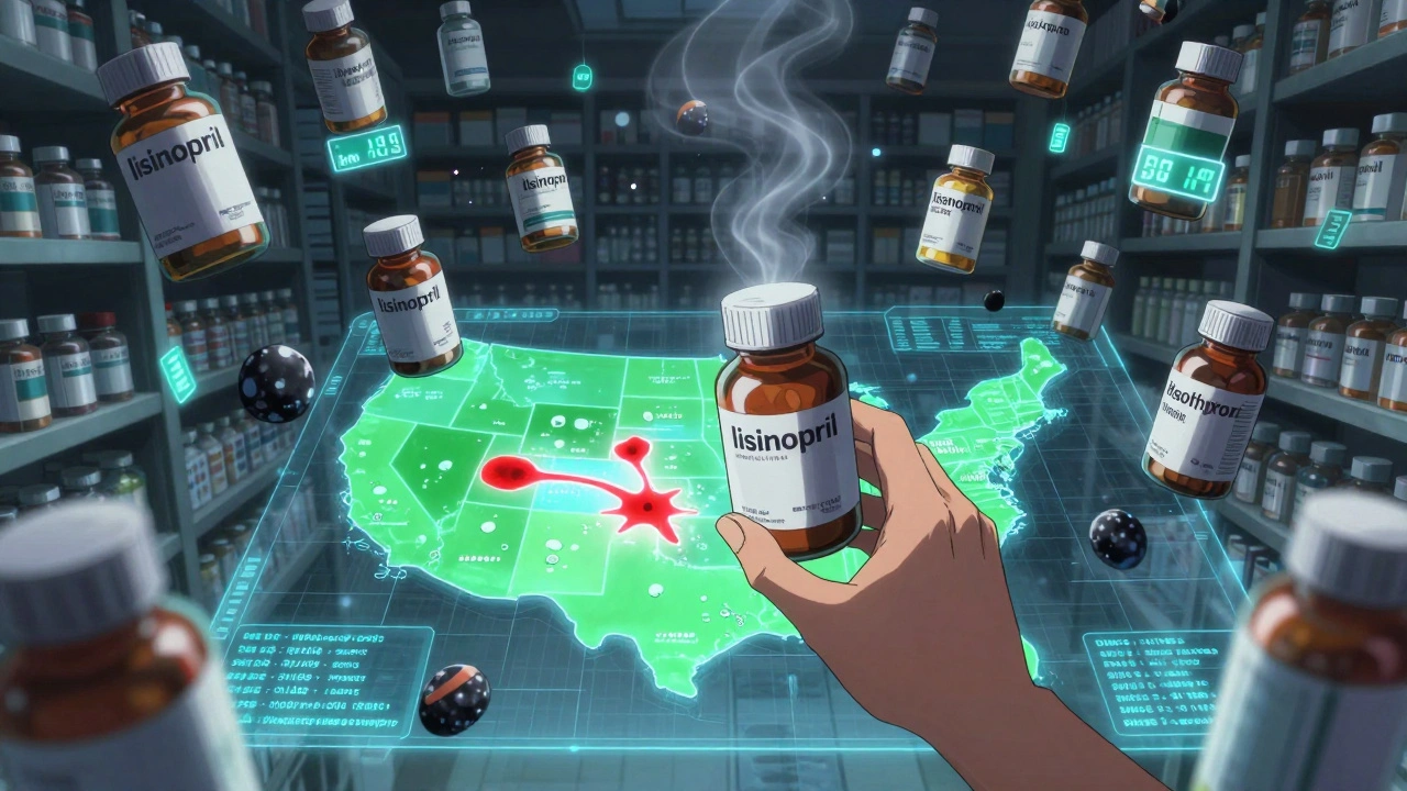 Floating generic medicine bottles in a neon digital void, price tags changing, U.S. map below showing safe and unsafe pharmacies.