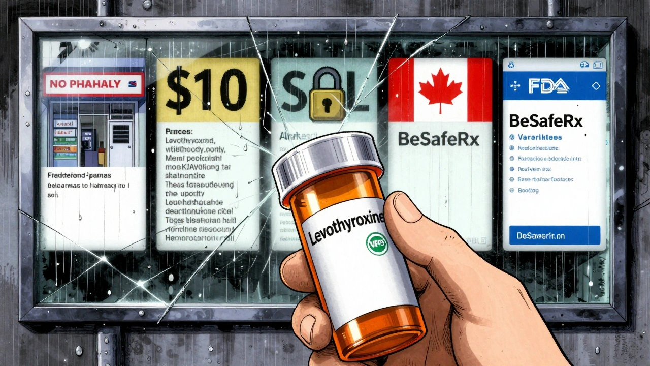 Hand holding verified levothyroxine bottle, behind it five fractured realities showing scam sites, fake prices, and verification.