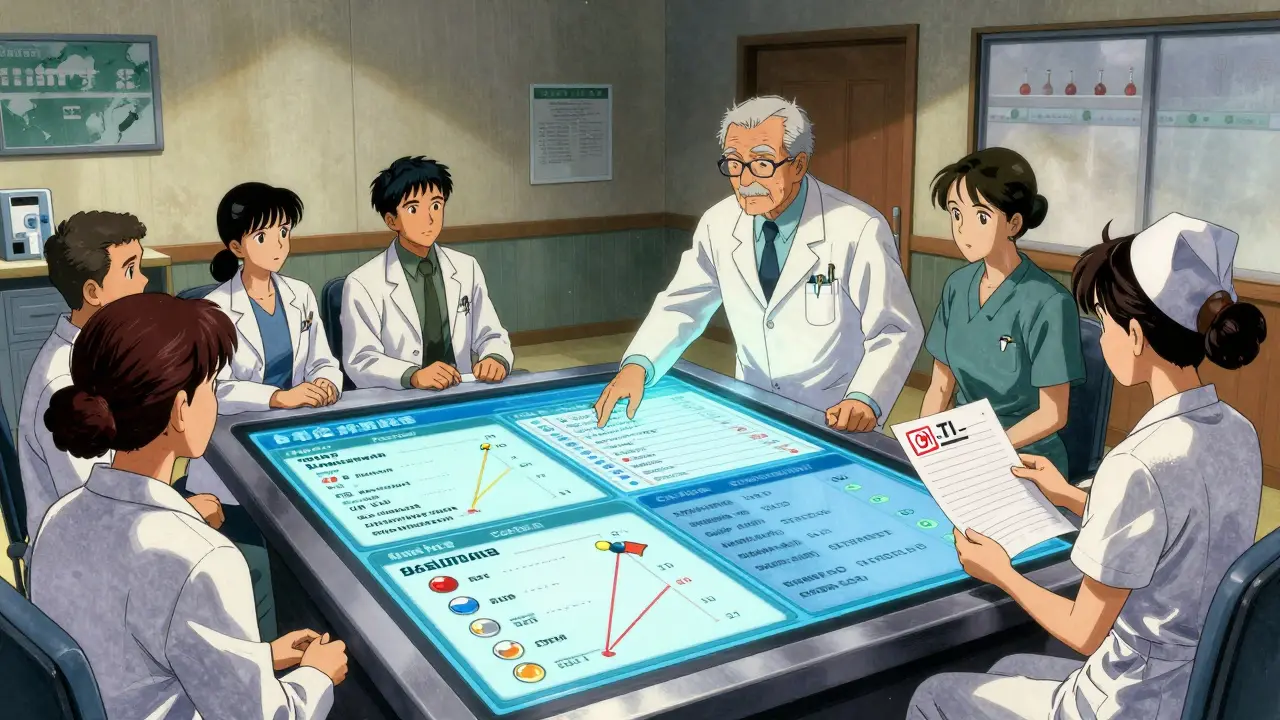 Healthcare team reviewing drug formulary options on a digital table during a P&amp;T committee meeting.