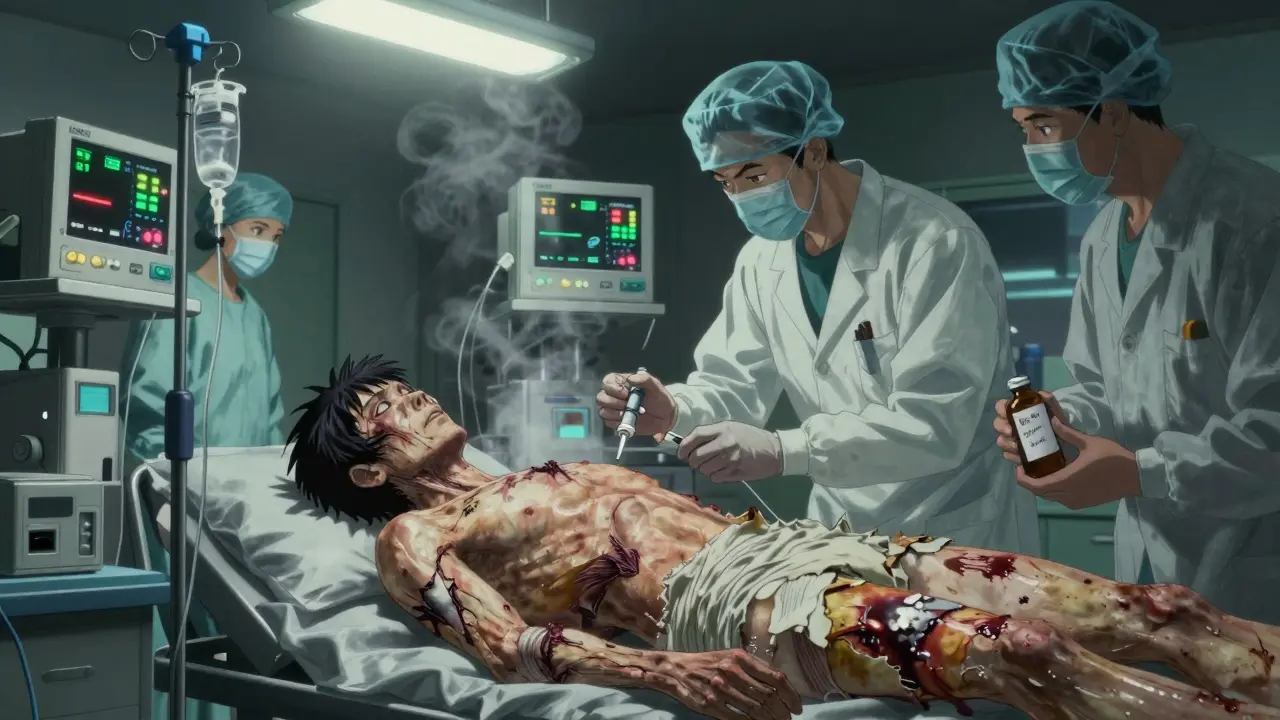 Hospital patient with peeling skin, surrounded by medical staff in emergency room under flickering lights.