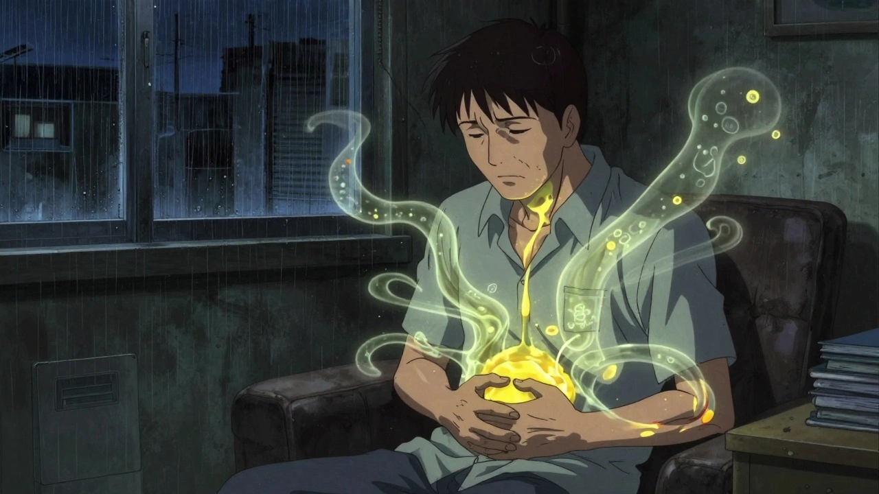 Man in dim room with ghostly twisted bile ducts behind him, glowing yellow fluid leaking into body, rain on window.