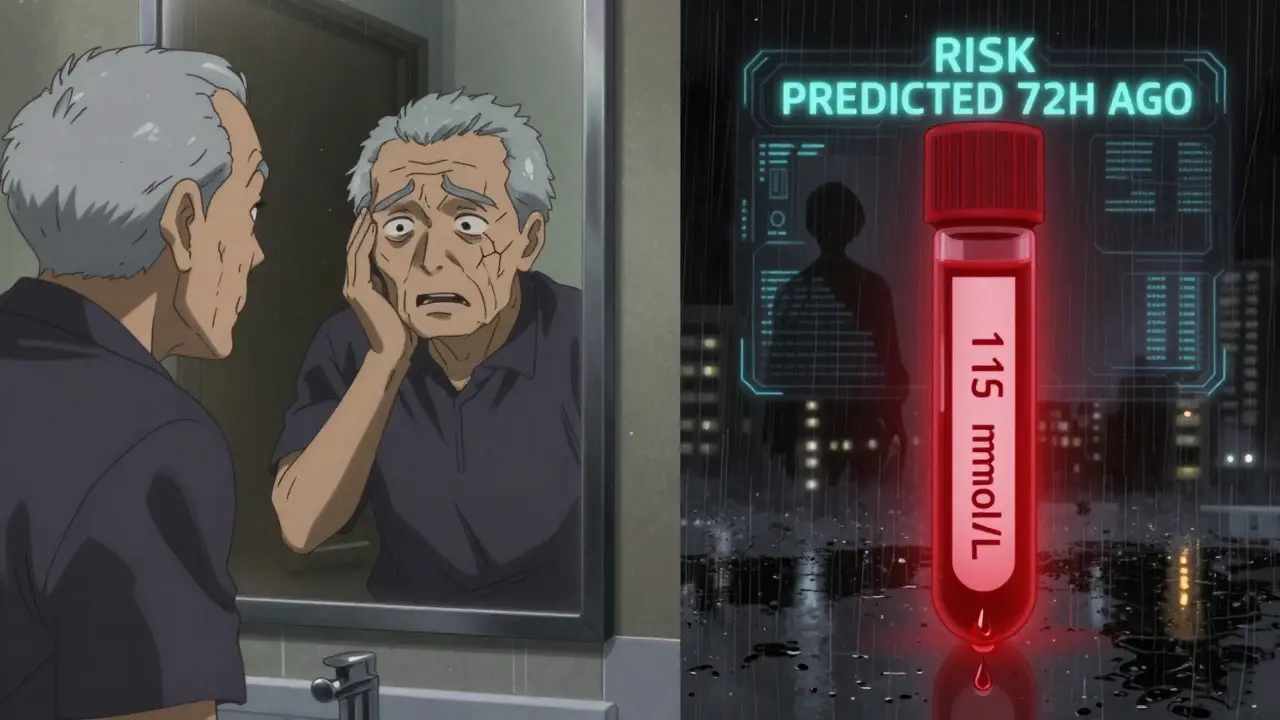 Man sees fractured reflection in mirror while blood test glows red, AI interface hovers behind, rainy city lights reflect below.