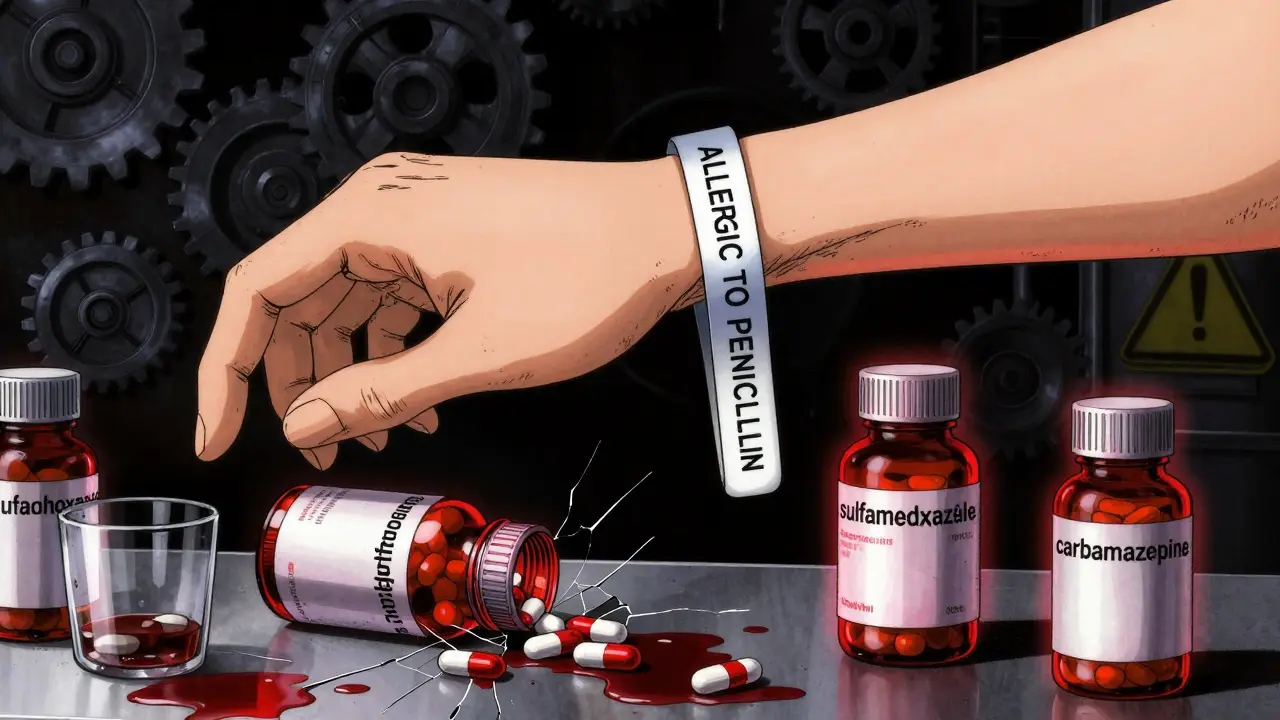 Medical alert bracelet above spilled pills, glowing red warning symbols in dark industrial setting.
