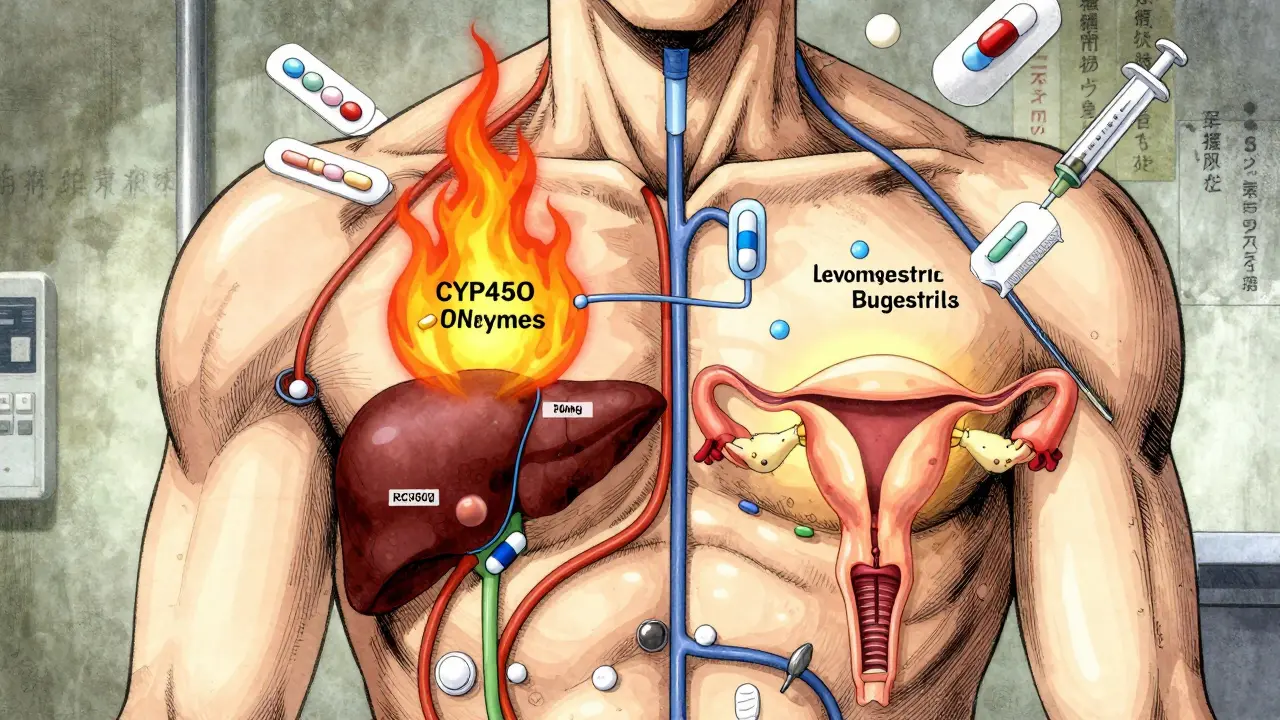 Medical diagram showing hormonal birth control being broken down by liver enzymes, while IUDs remain unaffected.