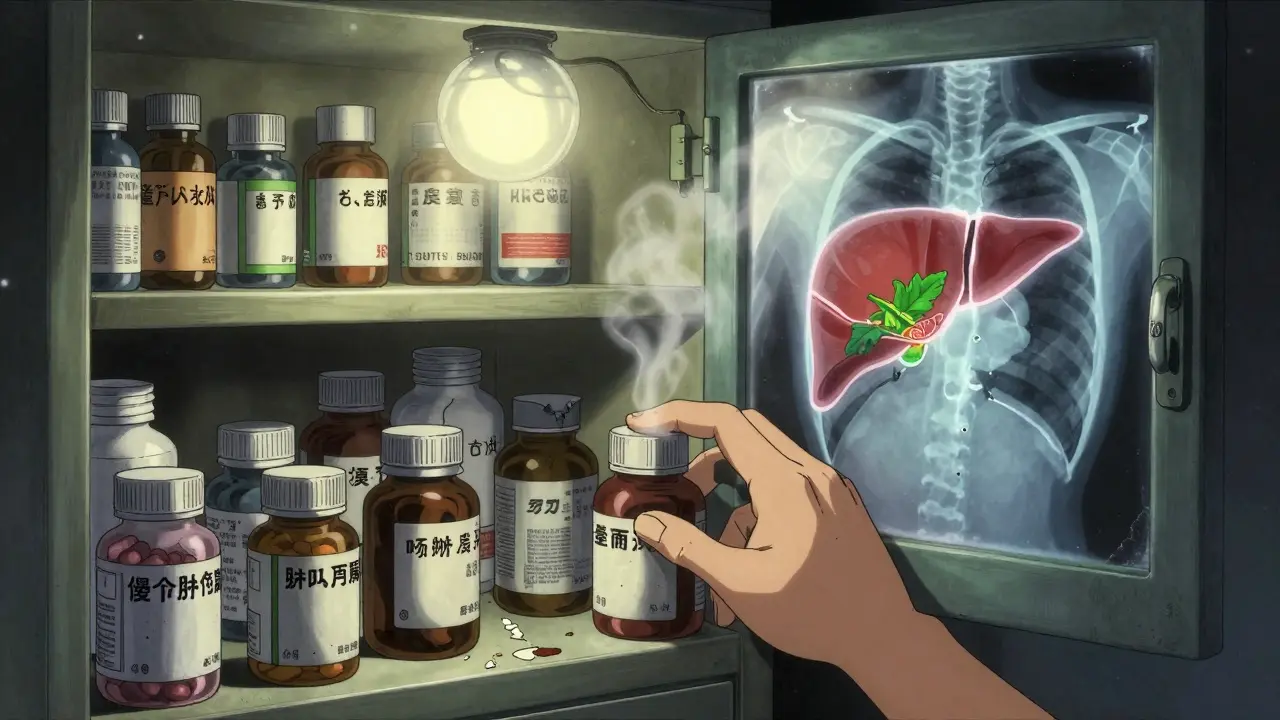 Medicine cabinet at night with glowing liver X-ray reflection in the mirror, supplement bottles scattered.