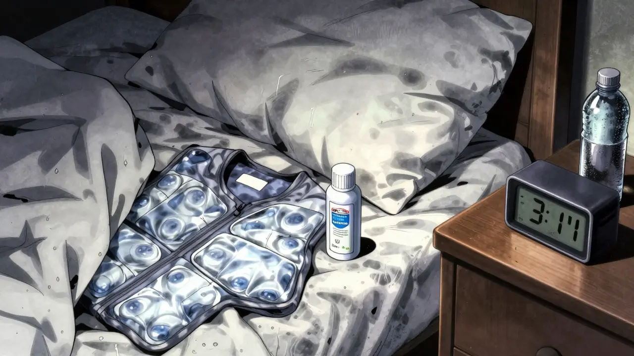 Night scene with soaked pajamas, cooling vest, and antiperspirant on a nightstand beside a sweat-stained pillow.
