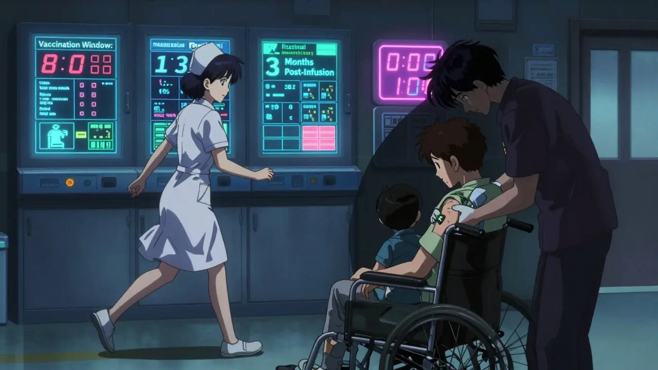 Nurse rushing past hospital alerts while family gets vaccinated, protective shadow surrounding an empty wheelchair.