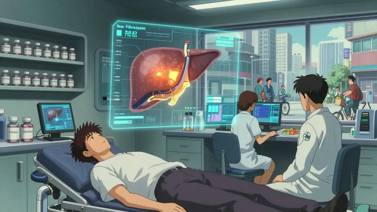 Patient in clinic with holographic liver scan, doctors monitoring data, vials of medication on shelf.