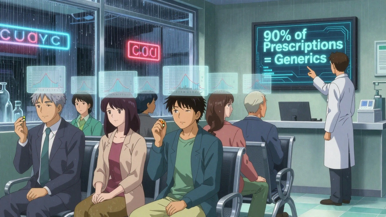 Patients in a pharmacy holding generic pills with absorption graphs floating above them, neon lights reflecting on windows.