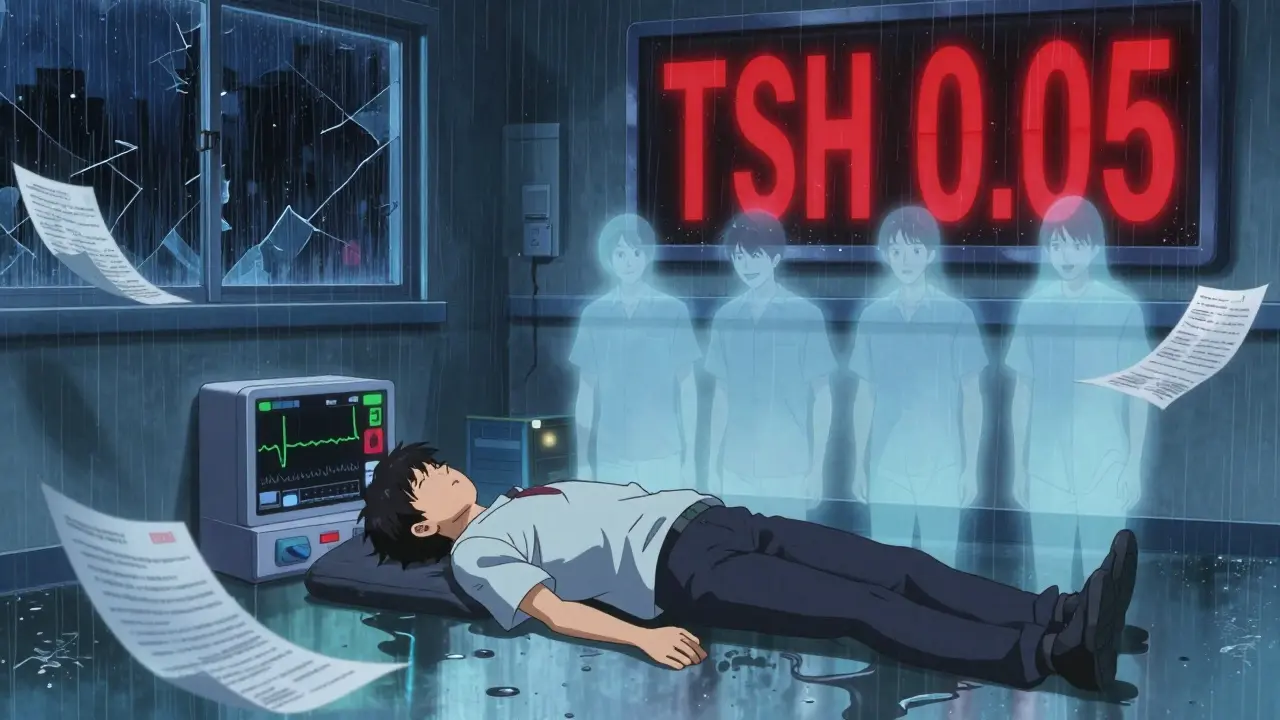 Person collapsed in hospital as ghostly past self fades, with medical readouts and emergency lights.