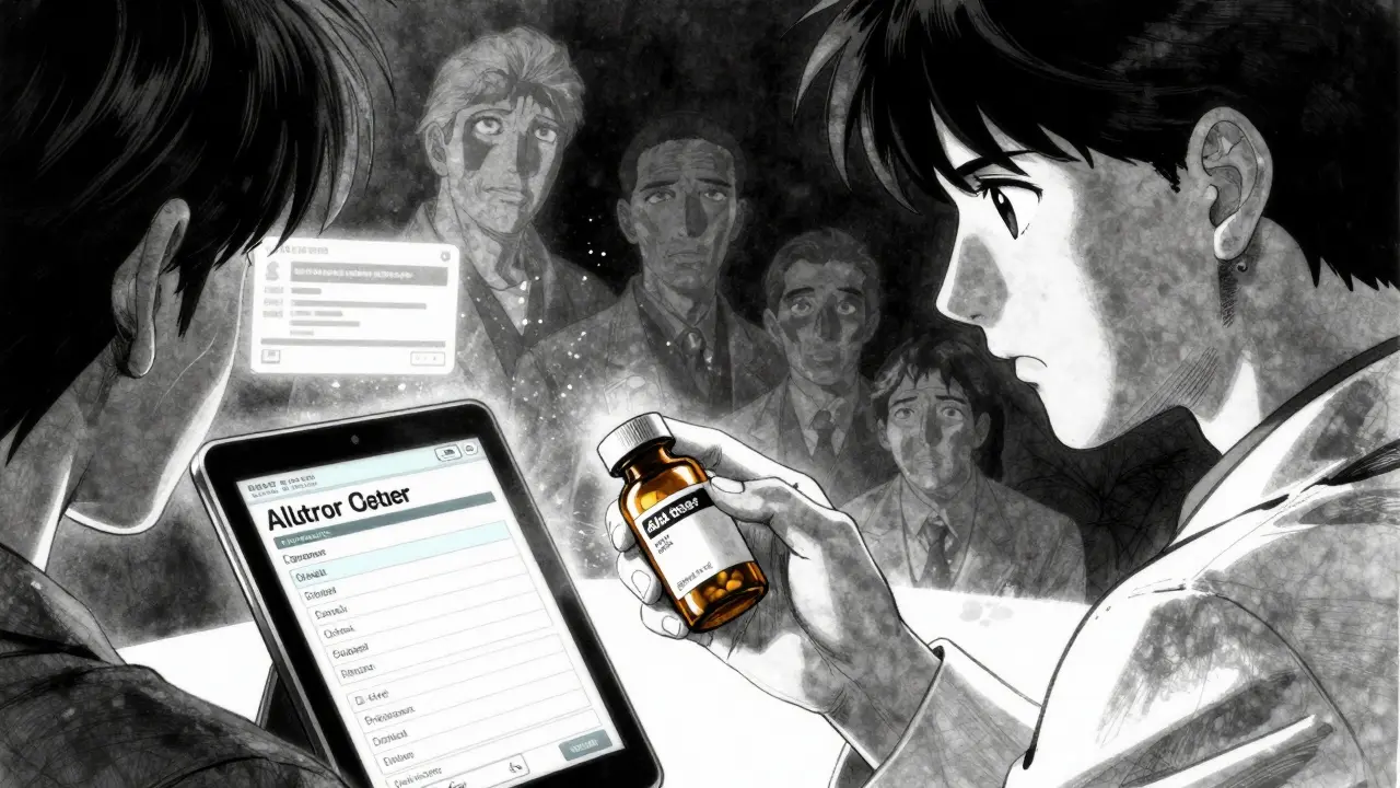 Pharmacist asking a patient about allergies while holographic alert overlays float in the background.