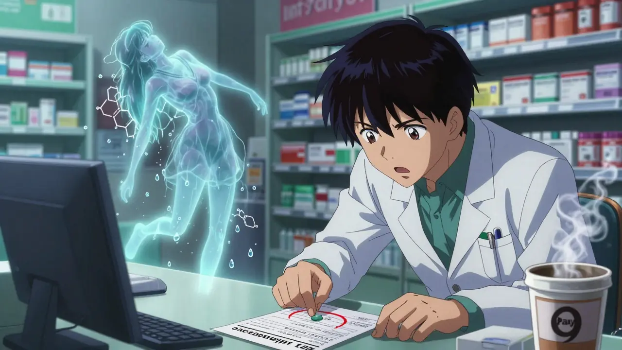 Pharmacist warning about dangerous drug combination, ghostly figure dissolving into water, neon pharmacy setting.