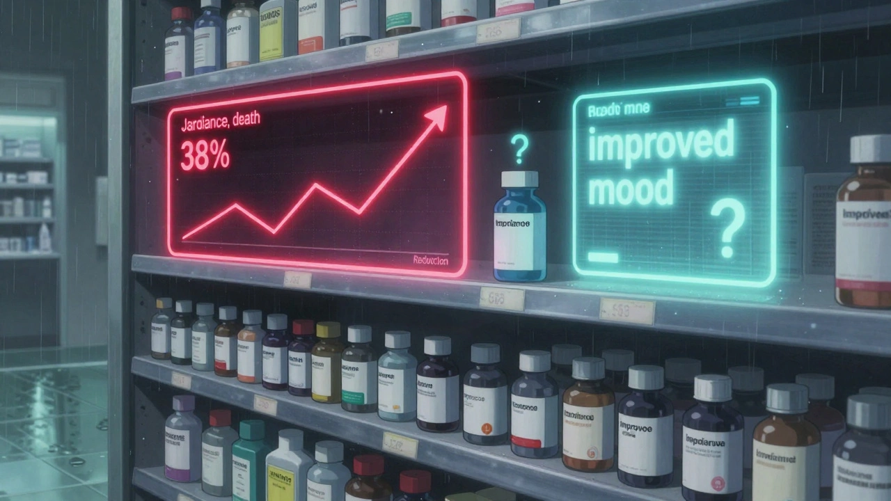 Pharmacy shelf with holographic drug summaries, one bright and clear, another faint and uncertain.