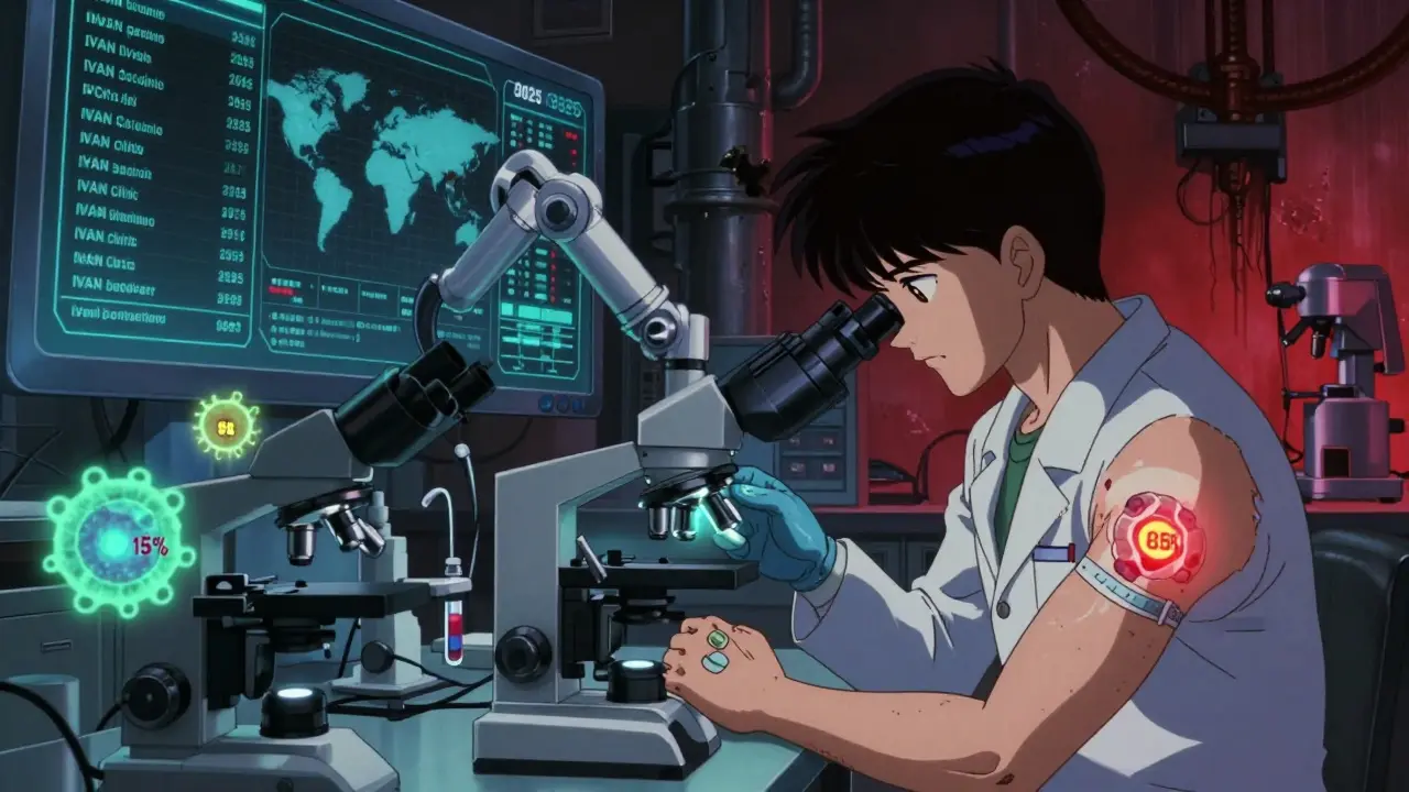 Scientists monitoring antibody responses in a high-tech lab as a robotic arm administers a third COVID vaccine dose.