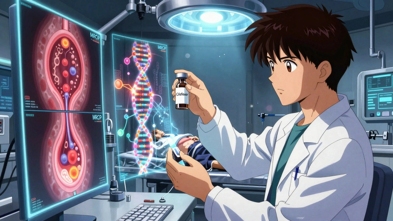 Scientists monitoring holographic bile duct scans in high-tech lab, one holds experimental drug vial, glowing DNA strands in background.