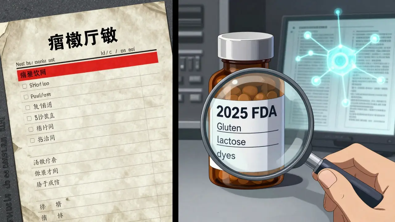Side-by-side comparison of outdated allergy record and future FDA-labeled pill with ingredient details.