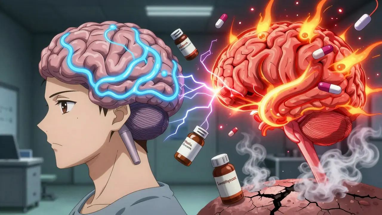 Split-brain scene showing calm vs chaotic neurotransmitter activity with thyroid and pills floating nearby.