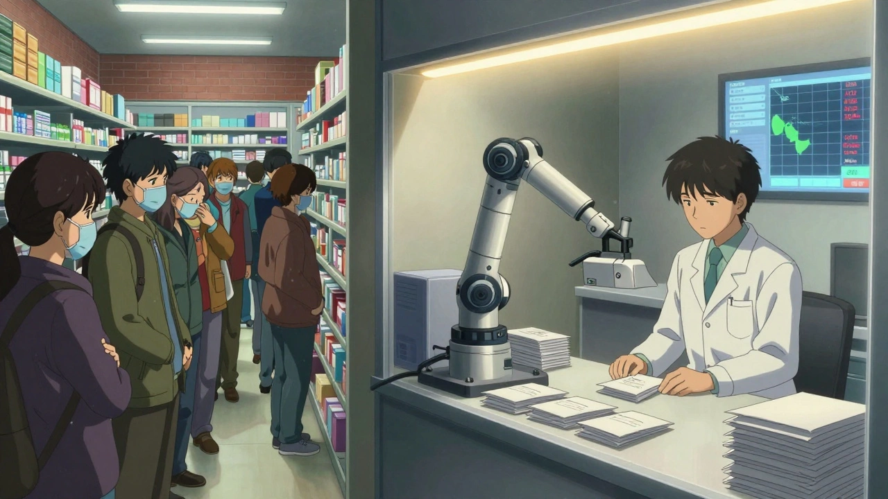 Split scene: crowded pharmacy vs automated pill-packaging center, with a pharmacist monitoring digital data.