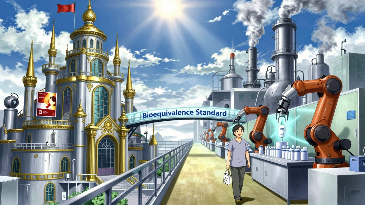 Split scene: grand brand-name factory vs. efficient generic production line, connected by a glowing bioequivalence bridge.