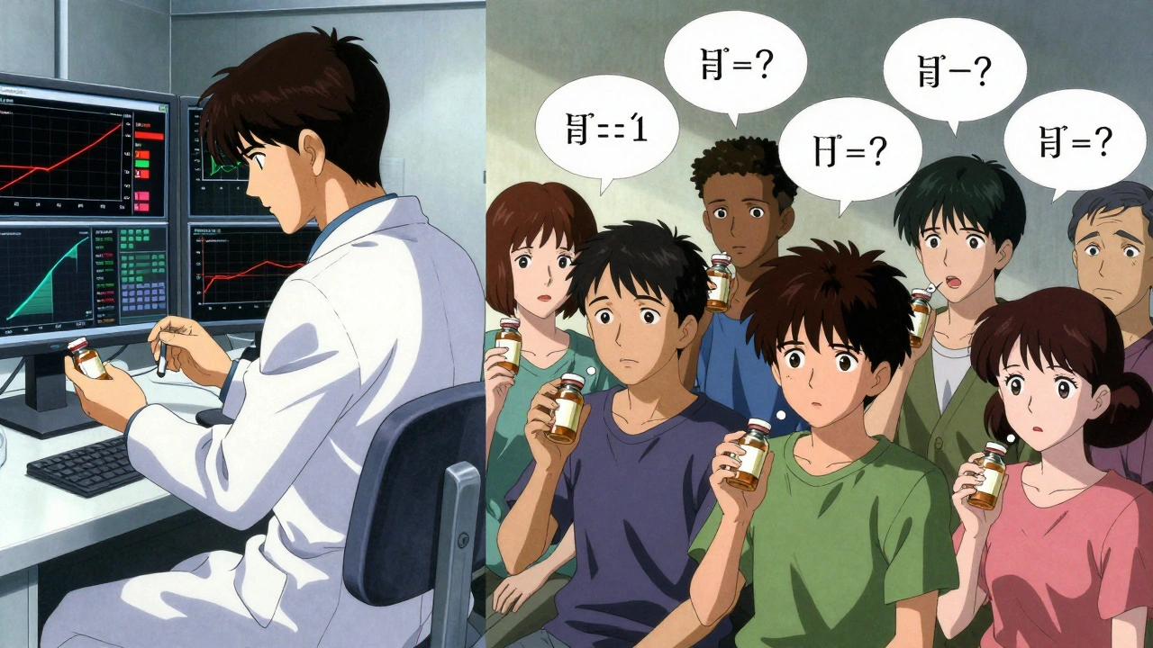 Split scene of scientists and patients reacting to medical data in gritty, high-contrast anime style.