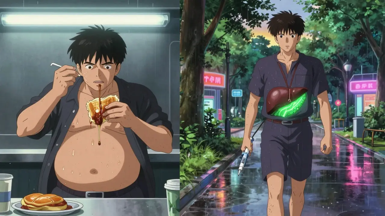 Split scene: person struggling with fast food vs. healing while walking in park, liver radiating green light.