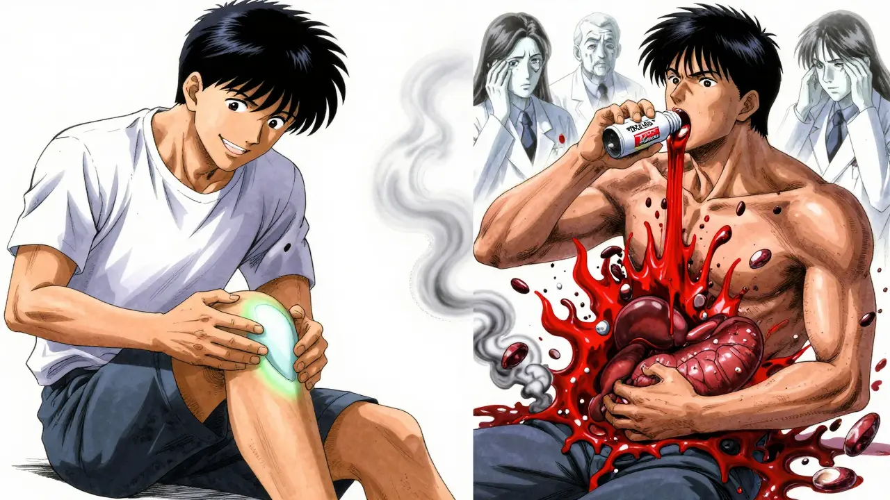 Split scene: safe topical gel on knee vs. internal bleeding from oral NSAID, with ghostly doctors watching in the background.