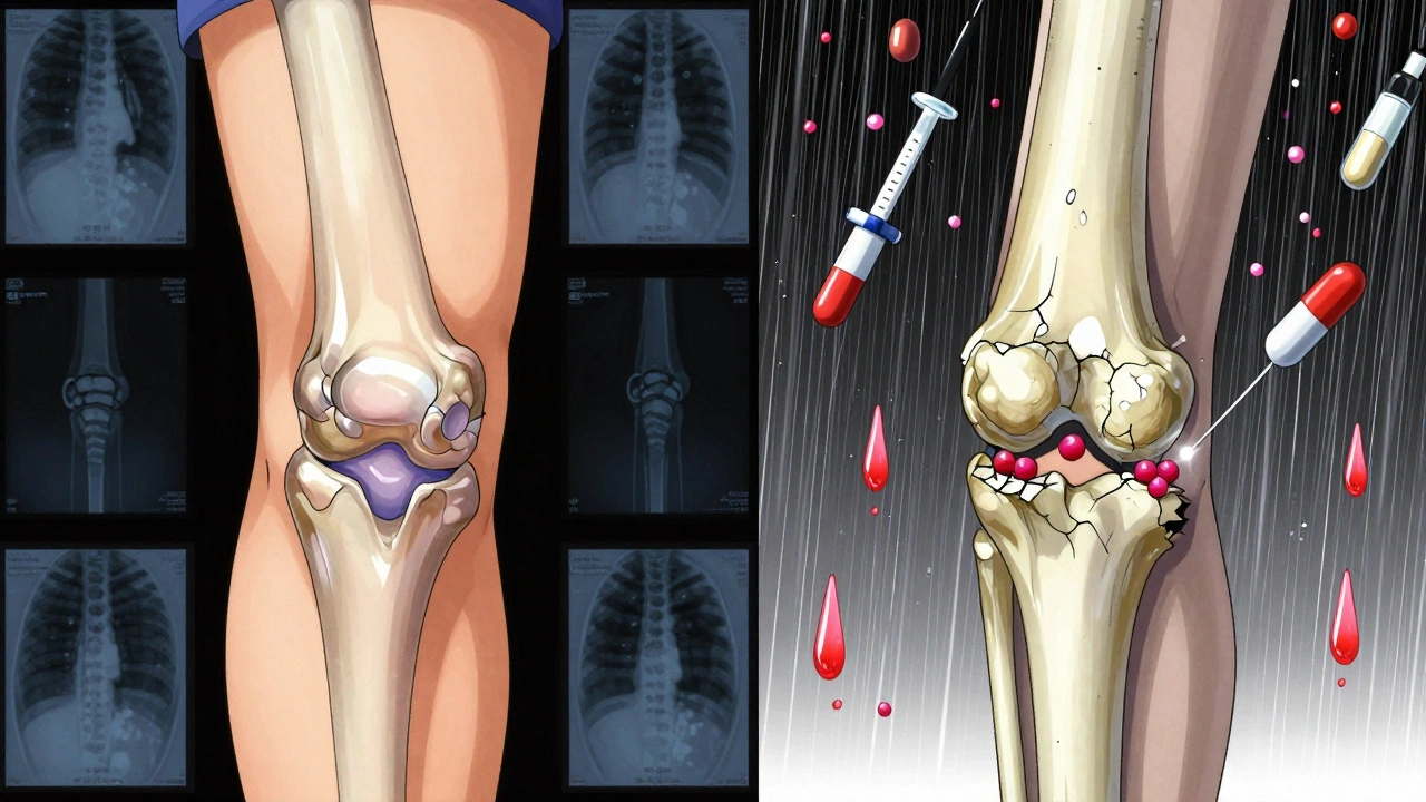 Split view of a healthy knee versus a degenerated joint after steroid injections, with cracked cartilage and bone fractures.
