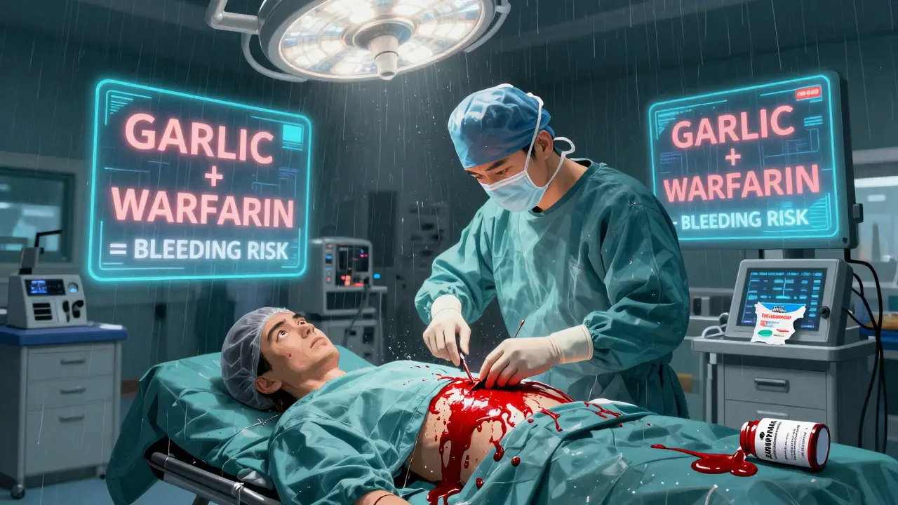Surgeon stopping surgery due to excessive bleeding, with warning labels floating above the operating table.