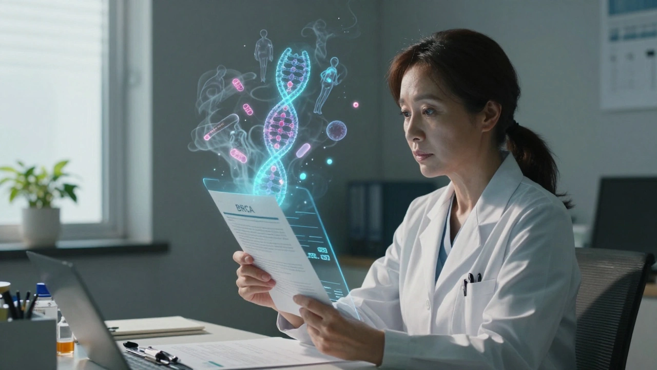 Woman in doctor's office with genetic data hologram and cancer cells dissolving as medication floats nearby.