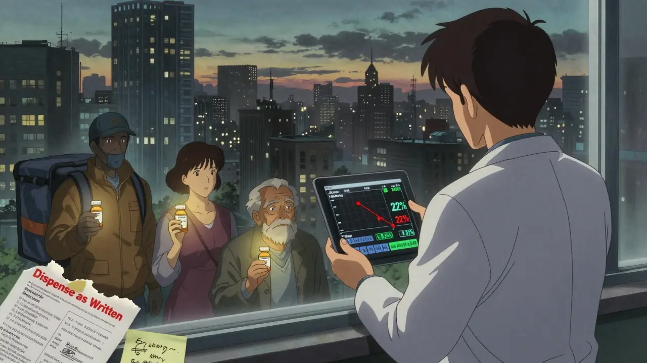 A cardiologist gazes at a city skyline while viewing data showing reduced hospitalizations from generic prescriptions.