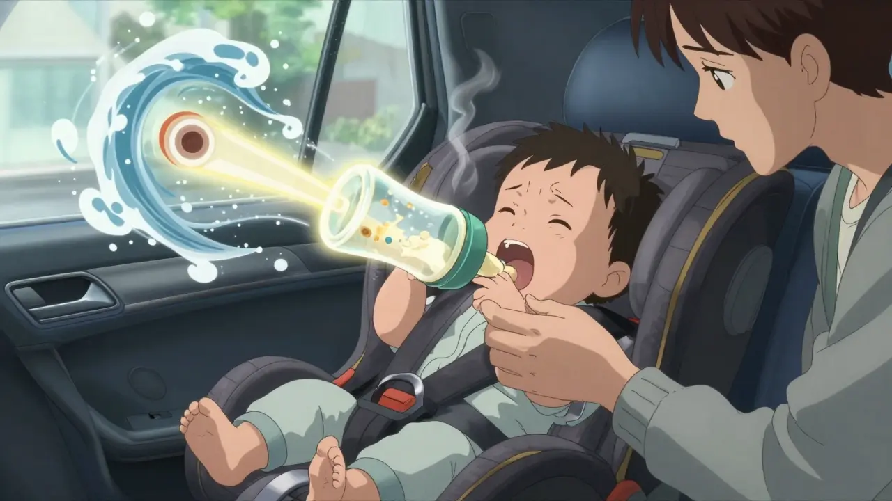 A crying toddler being fed a bottle during plane descent, with pressure waves subtly shown around their head.