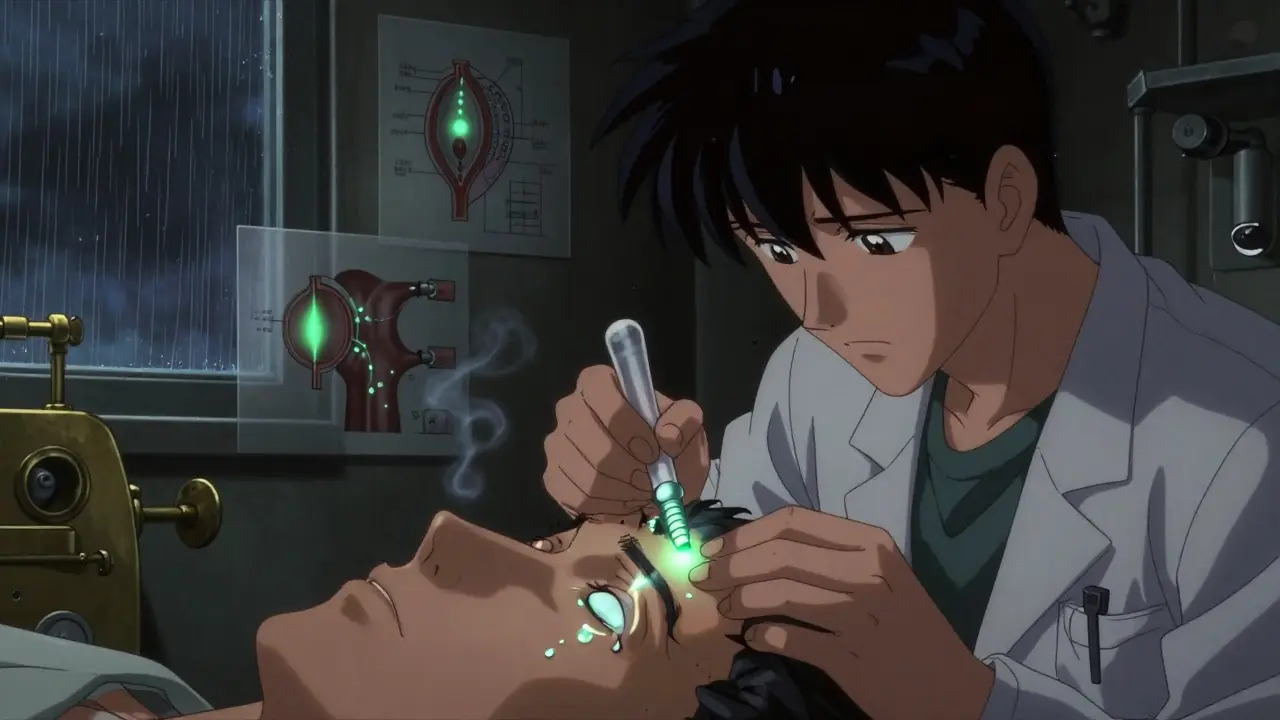 A doctor inserting a tiny plug into a tear duct, tears pooling like mercury, bio-mechanical schematics floating nearby.