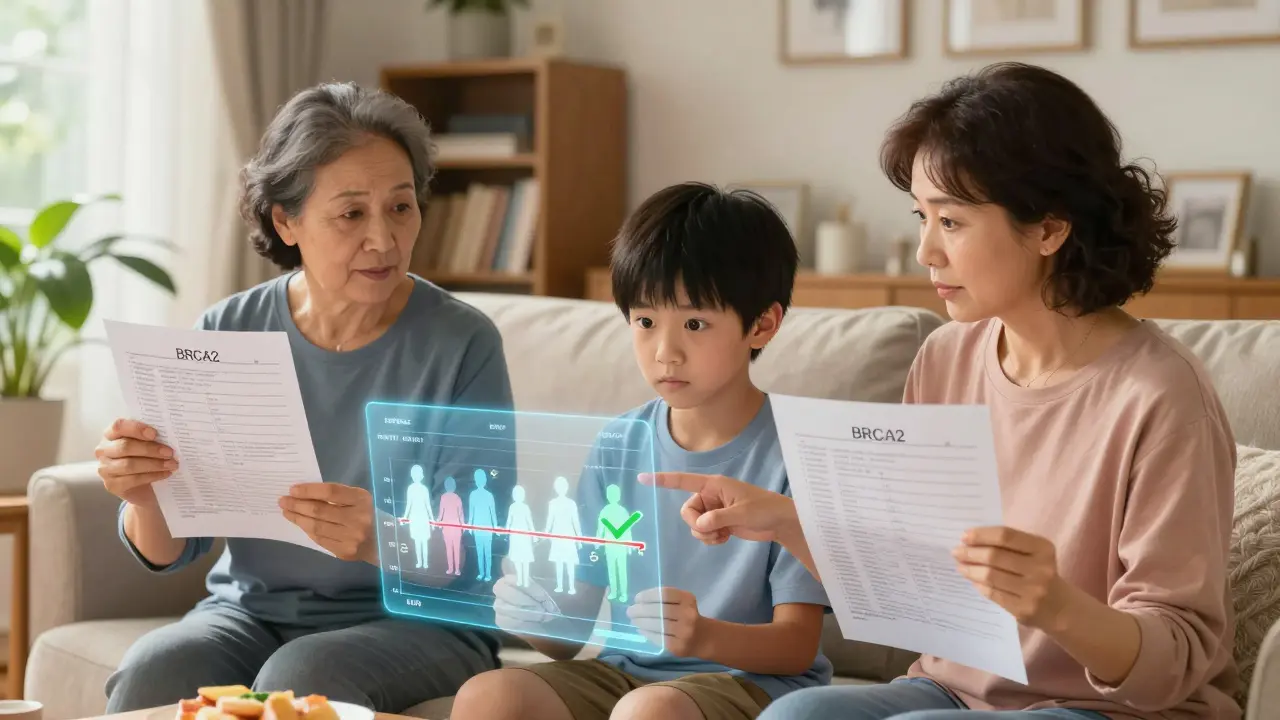 A family reviewing genetic reports with a holographic timeline of inherited cancer history.