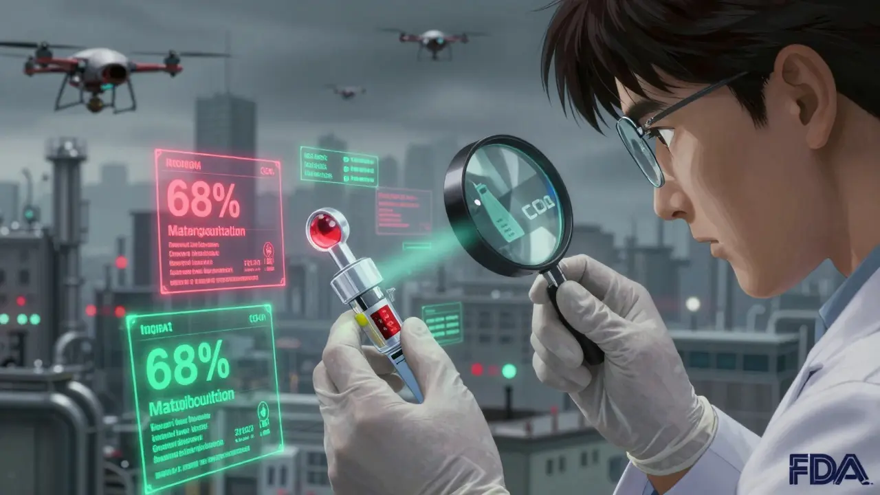 A FDA inspector examines a contaminated device with holographic data showing fraud rates, drones hovering outside a smoggy factory skyline.