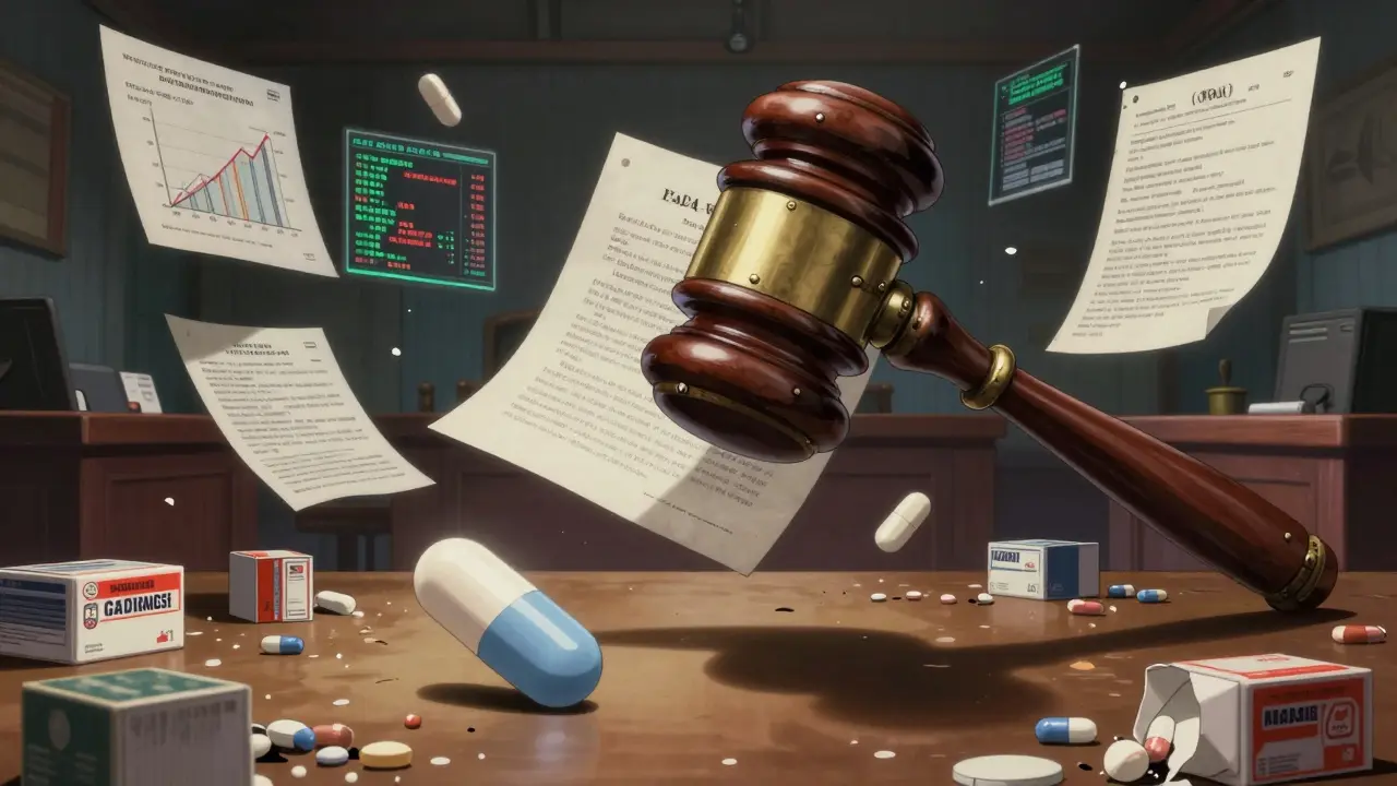 A floating Hatch-Waxman Act document surrounded by data streams and crumbling brand-name pill boxes.