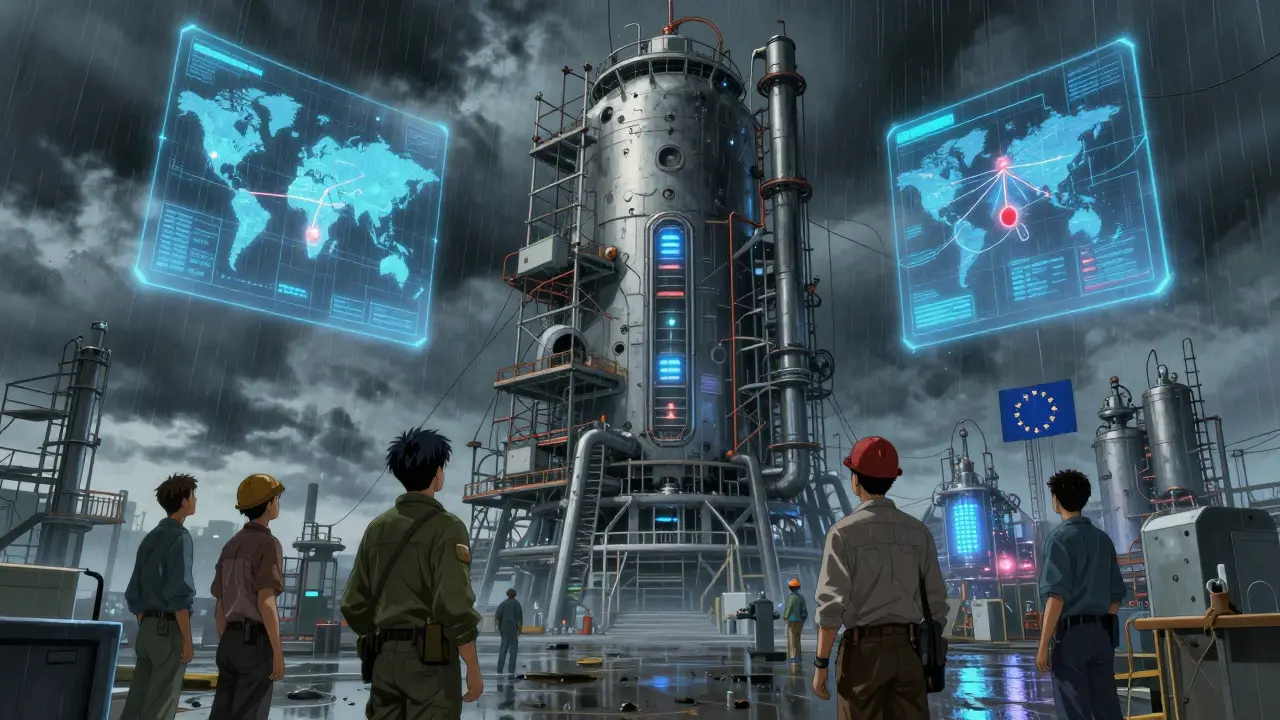 A half-built mRNA factory in South Africa under a stormy sky, with a glowing supply chain map showing a critical red alert.