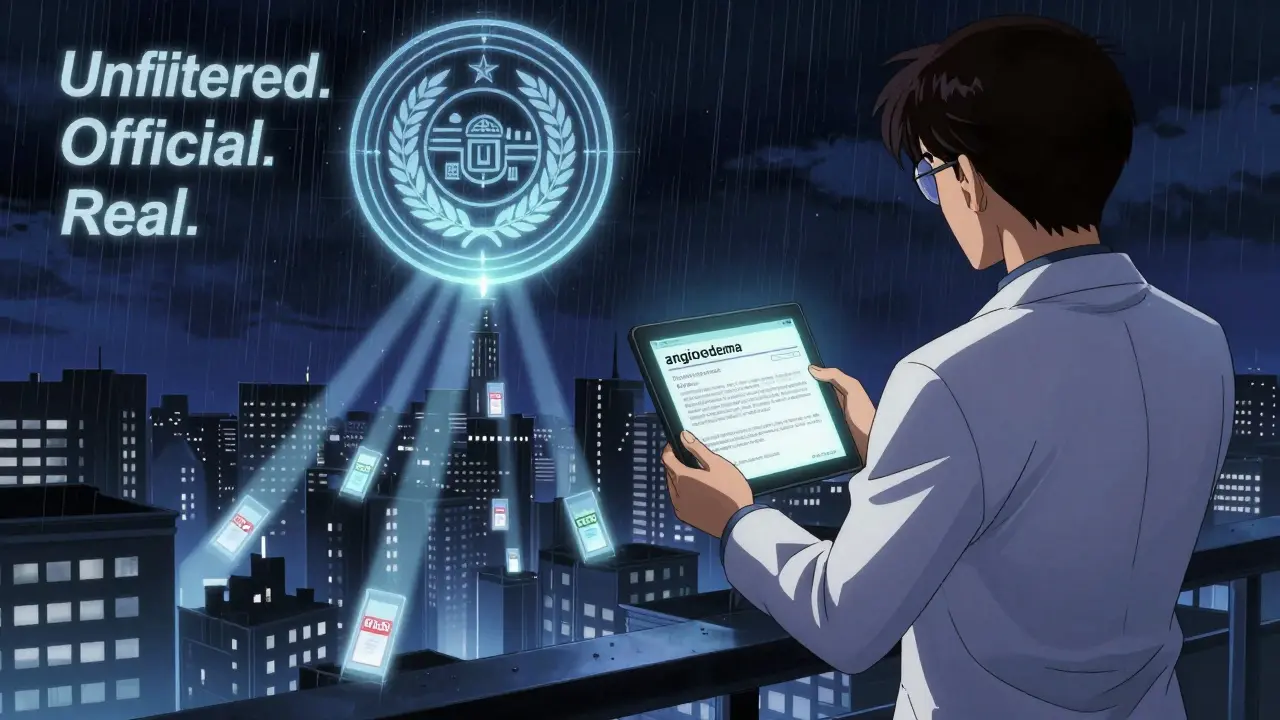 A journalist and scientist stand atop a city building, holding a tablet showing FDALabel search results under a glowing FDA seal.