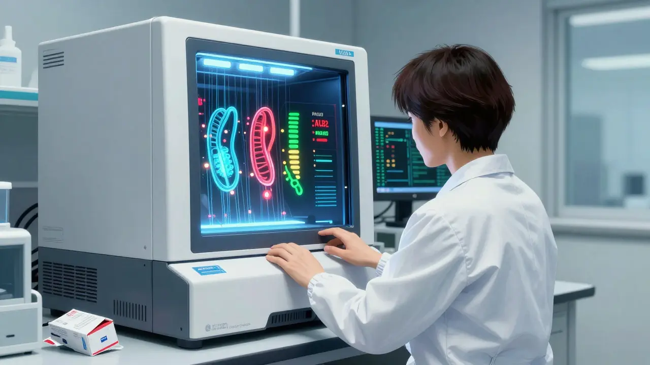 A lab technician with a sequencer displaying glowing cancer risk genes and a discarded DTC test box.