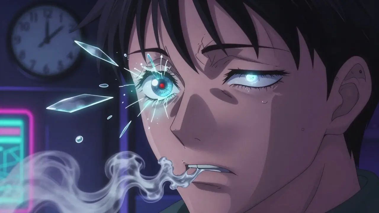 A man blinking at night, metallic taste swirling as silver smoke, lifitegrast drops breaking protein molecules.