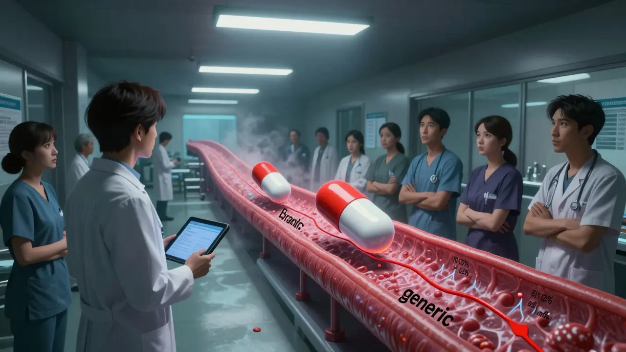 A medical educator demonstrates a VR simulation proving generic drugs absorb identically to brand-name drugs.