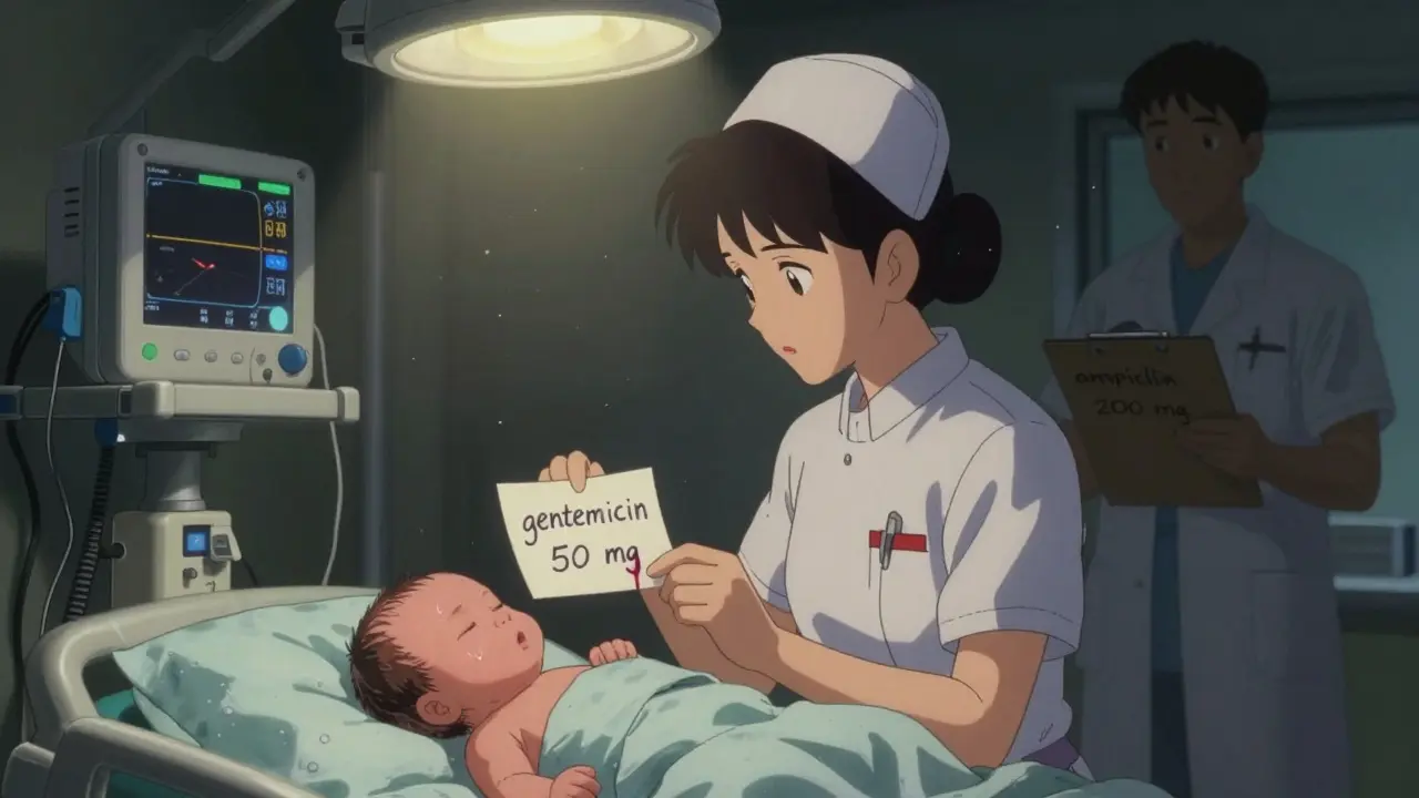 A nurse holds a wrong dosage note beside a premature infant in NICU, shadowy figure looms behind.
