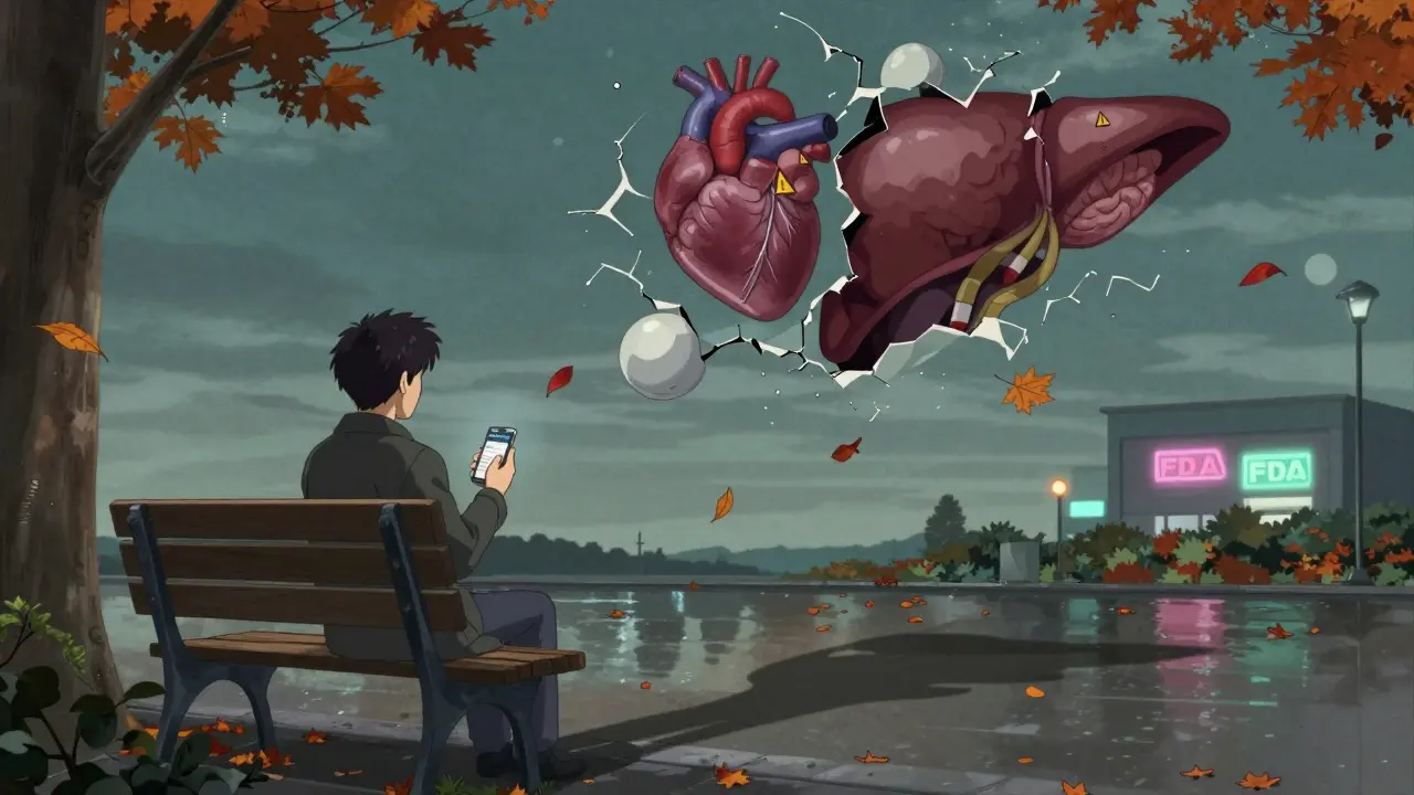 A patient on a park bench with a smartphone, their shadow transforming into a fractured drug molecule revealing internal organs.