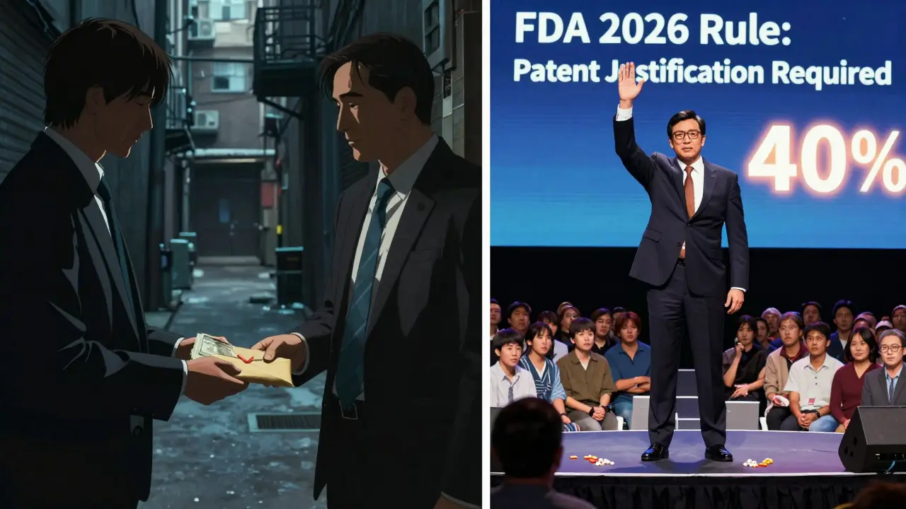 A pay-for-delay deal in an alley contrasts with patients receiving cheap pills, behind a banner showing FDA patent reform.