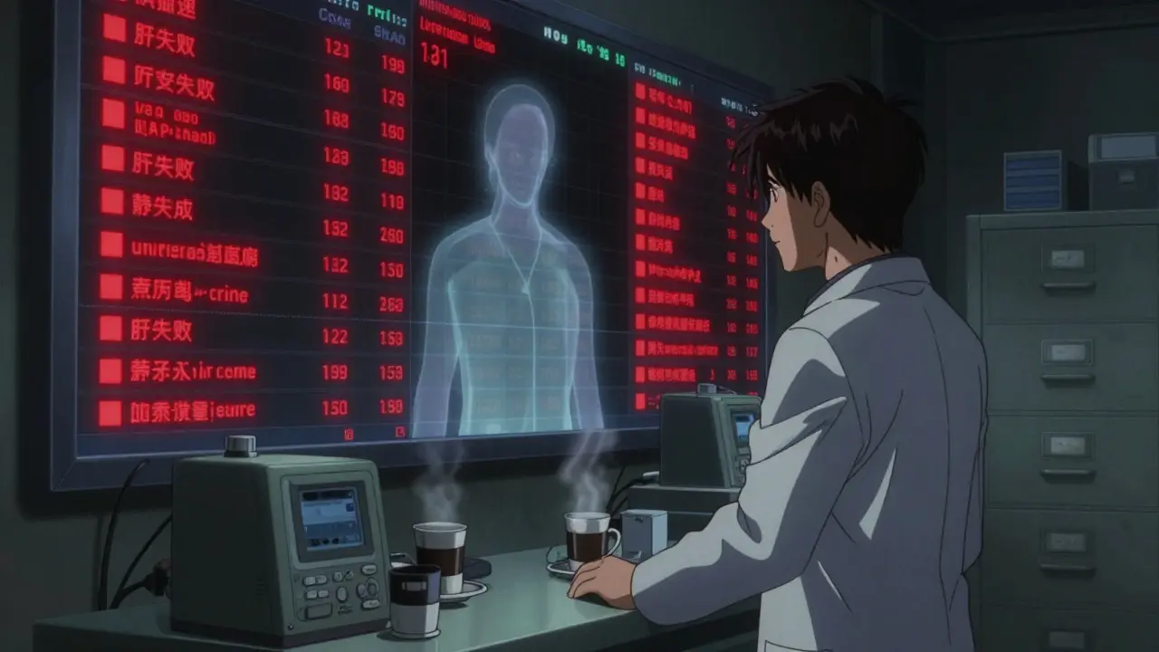 A pharmacist facing a wall of real-time adverse event reports in a dim hospital pharmacy at night.