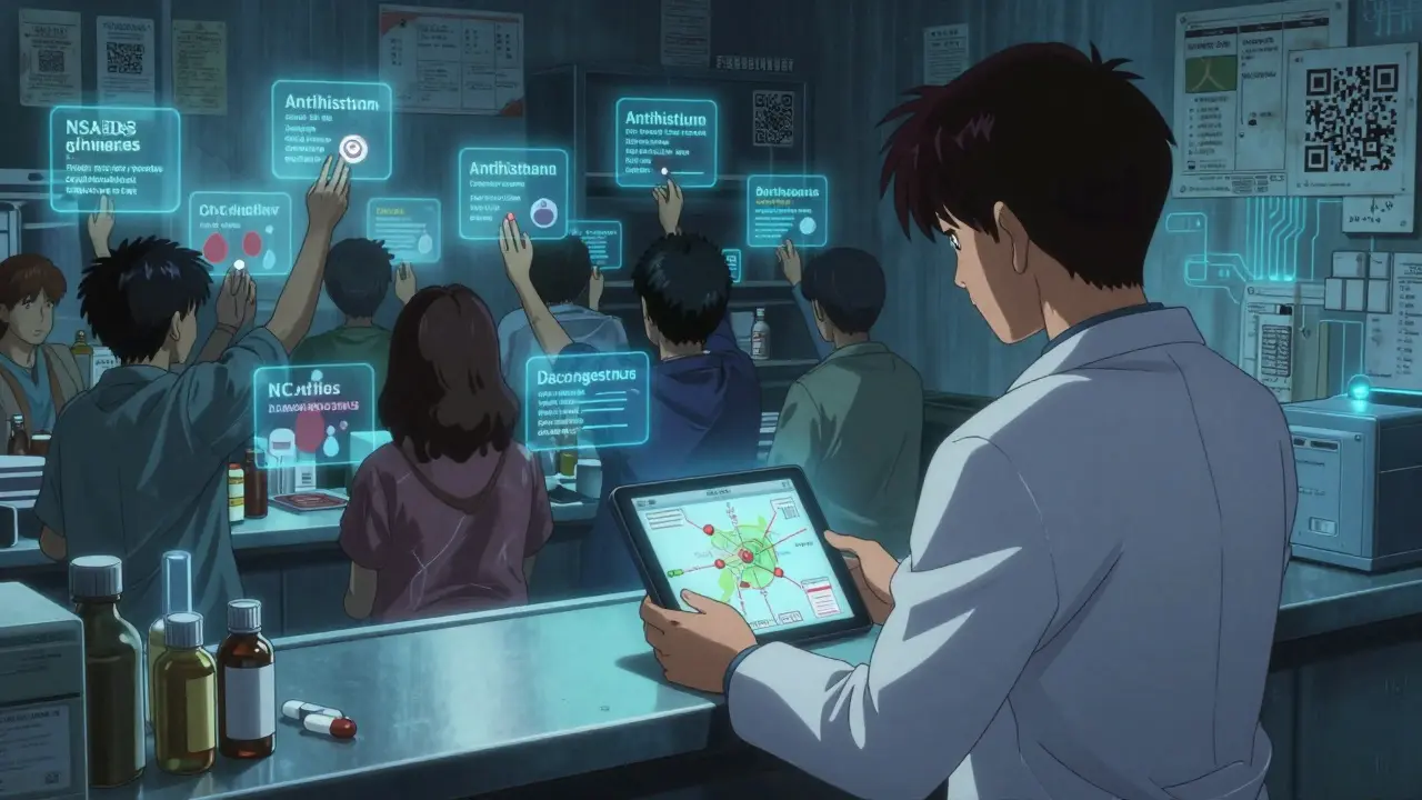 A pharmacist with a tablet showing medication interaction maps, customers surrounded by floating health warnings.
