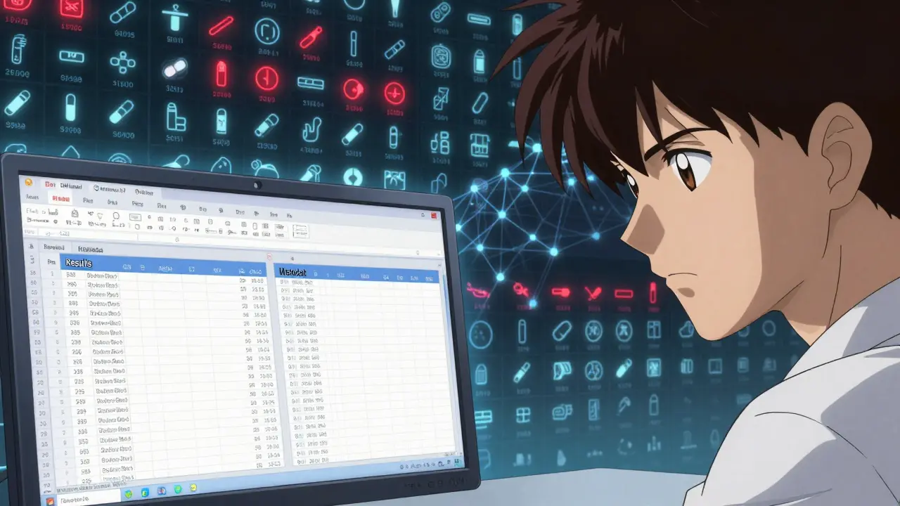 A researcher views an Excel export from FDALabel with data streams and drug icons pulsing in the background.