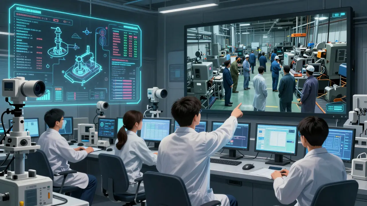 A U.S. tech team monitors real-time quality data from overseas factories via holograms, contrasting clean control room with chaotic factory feed.