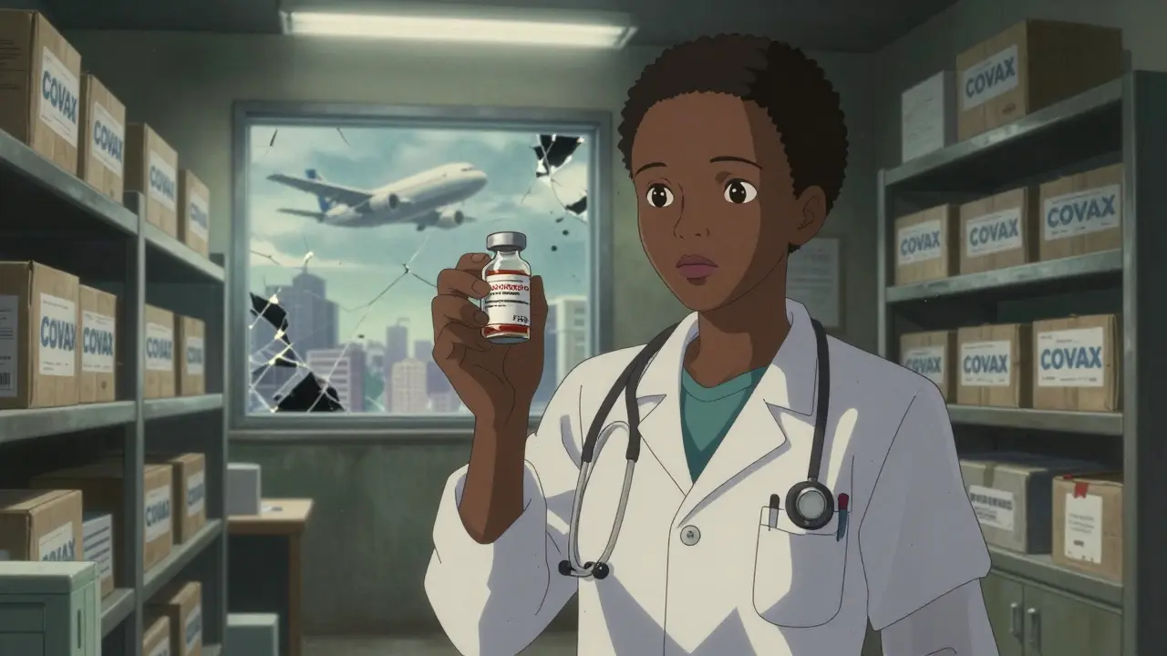 An African health worker holding an expired vaccine vial in a dark clinic, with unopened COVAX shipments behind her.